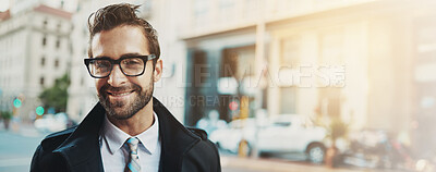 Buy stock photo City, commute and portrait of business man outdoor on road to corporate work for start of day or morning. Banner, smile and street with happy employee in urban town for journey, travel or trip