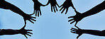 Hands, silhouette and sky with people in solidarity on space outdoor from below for support or unity. Circle, team building and trust with group of friends on banner mockup for celebration in summer