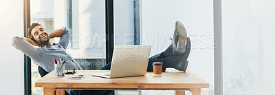 Buy stock photo Happy man, relax or banner with laptop for productivity, done or completion at office desk. Male person, creative or designer with smile or computer for break, rest or finished with task at workplace