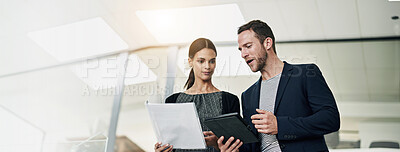 Buy stock photo Banner, assistant or business people on tablet in office for planning, project review or report feedback. Documents, below or manager with intern in agency for online news or social network space