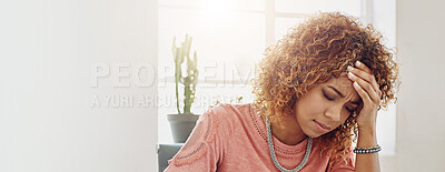 Buy stock photo Stress, thinking and business woman in office with work mistake, failure and crisis on banner. Mockup space, frustrated and person with reaction for bad choice, decision and regret in workplace