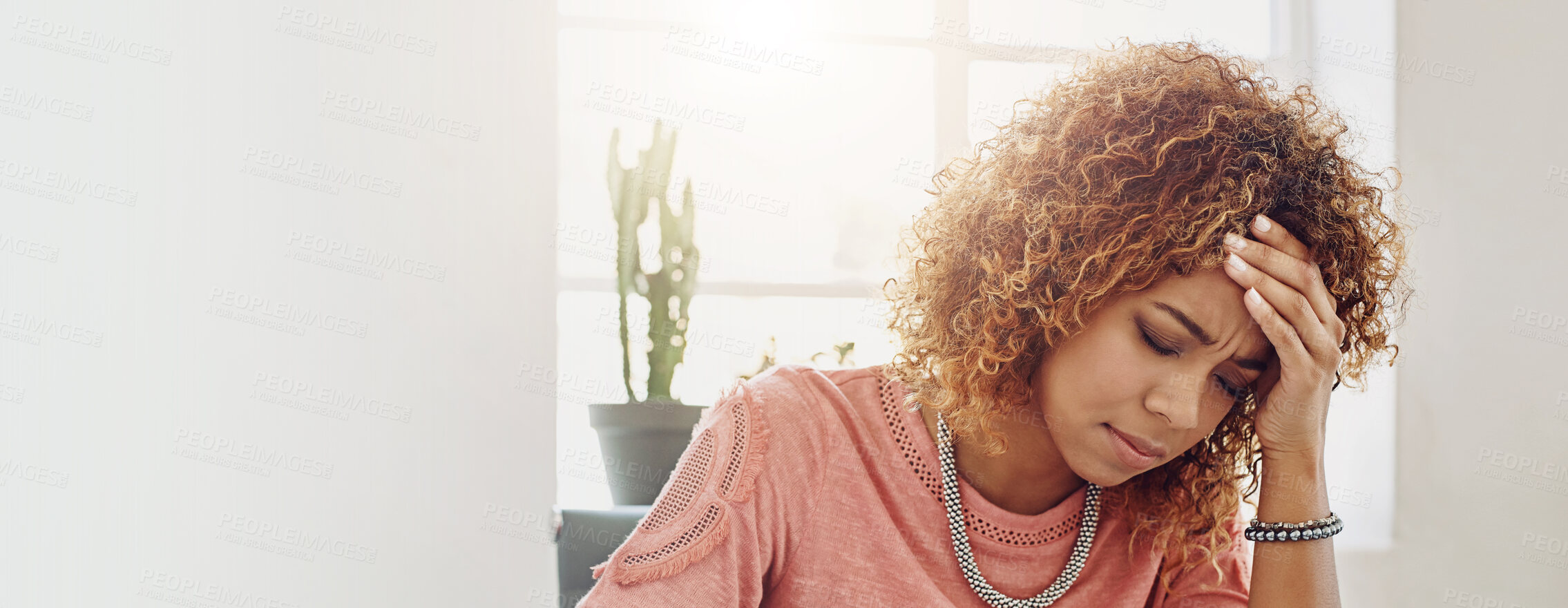 Buy stock photo Stress, thinking and business woman in office with work mistake, failure and crisis on banner. Mockup space, frustrated and person with reaction for bad choice, decision and regret in workplace