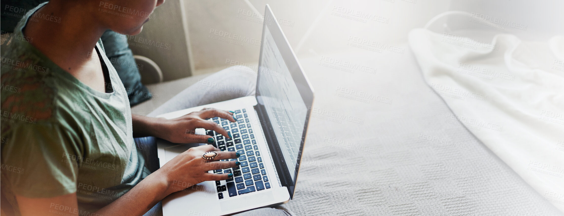 Buy stock photo Laptop, hands typing and student in bedroom for philosophy assignment, research and knowledge. Home, computer and woman writing essay for college test, elearning and online education on banner space