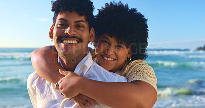 Buy stock photo Hug, beach and couple with love, portrait and summer holiday with weekend break, smile and relationship. Happy people, seaside and man with woman, travel and embrace with honeymoon, journey and ocean
