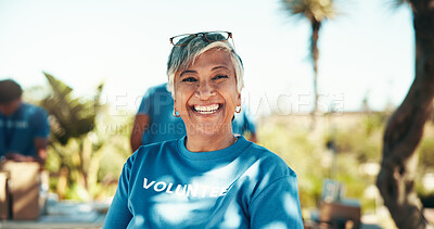 Buy stock photo Charity, portrait and smile of woman volunteer outdoor in park for community food drive or donation. Activism, help and society with happy mature person as welfare worker for NGO or non profit