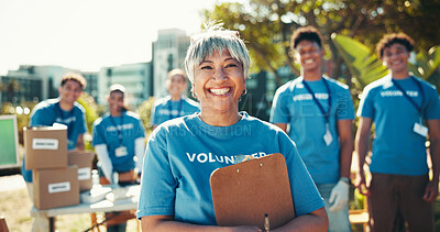 Buy stock photo Activism, portrait and smile of woman volunteer outdoor in park for community food drive or donation. Charity, help and society with happy mature person as welfare worker for NGO or non profit