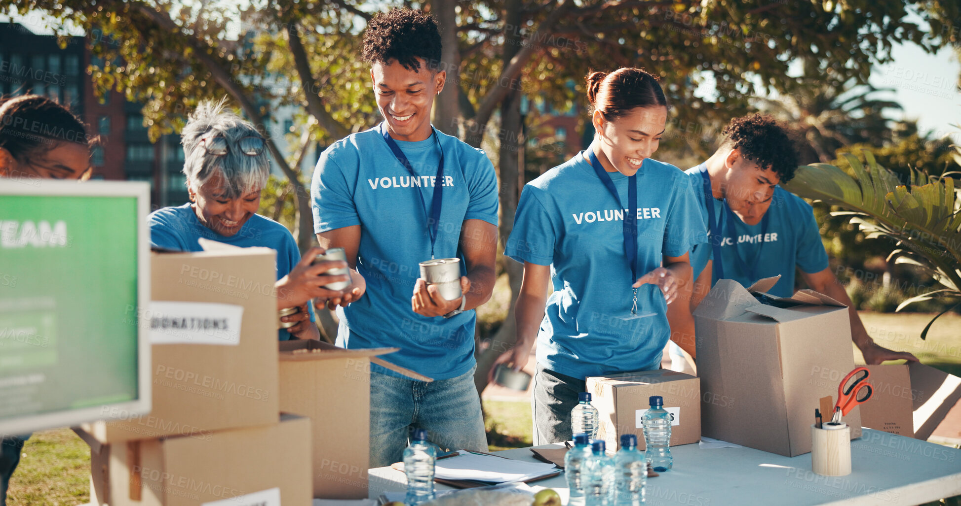 Buy stock photo Nature, friends and group of volunteers with boxes for help, goals and donation at charity event. Non profit, food drive and NGO people outdoor in field for community service project in collaboration