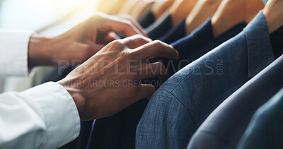 Buy stock photo Shopping, retail and hands of man with clothes on rack for sale, discount and store promotion. Fashion, boutique and customer with choice, decision and option for textile, fabric and formal clothing