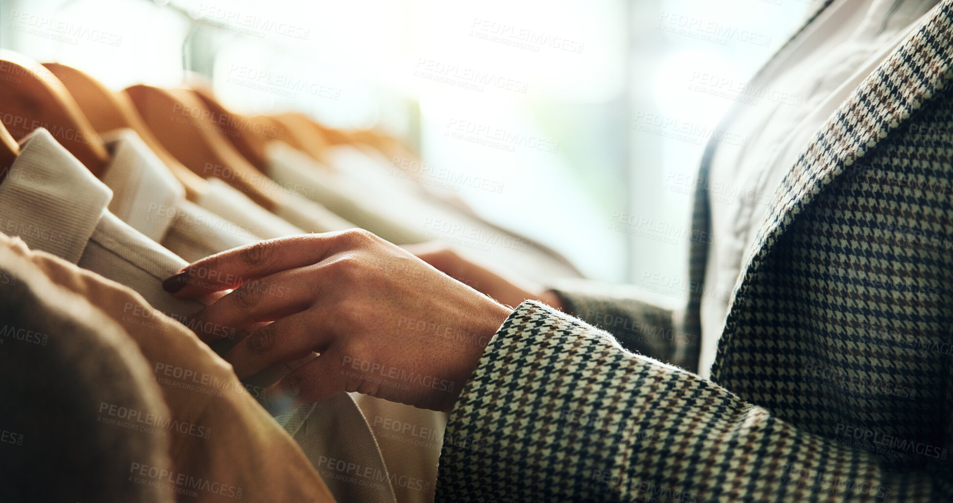 Buy stock photo Shopping, fashion and hands of woman with clothes on rack for sale, discount and store promotion. Retail, boutique and customer with choice, decision and option for textile, fabric and clothing