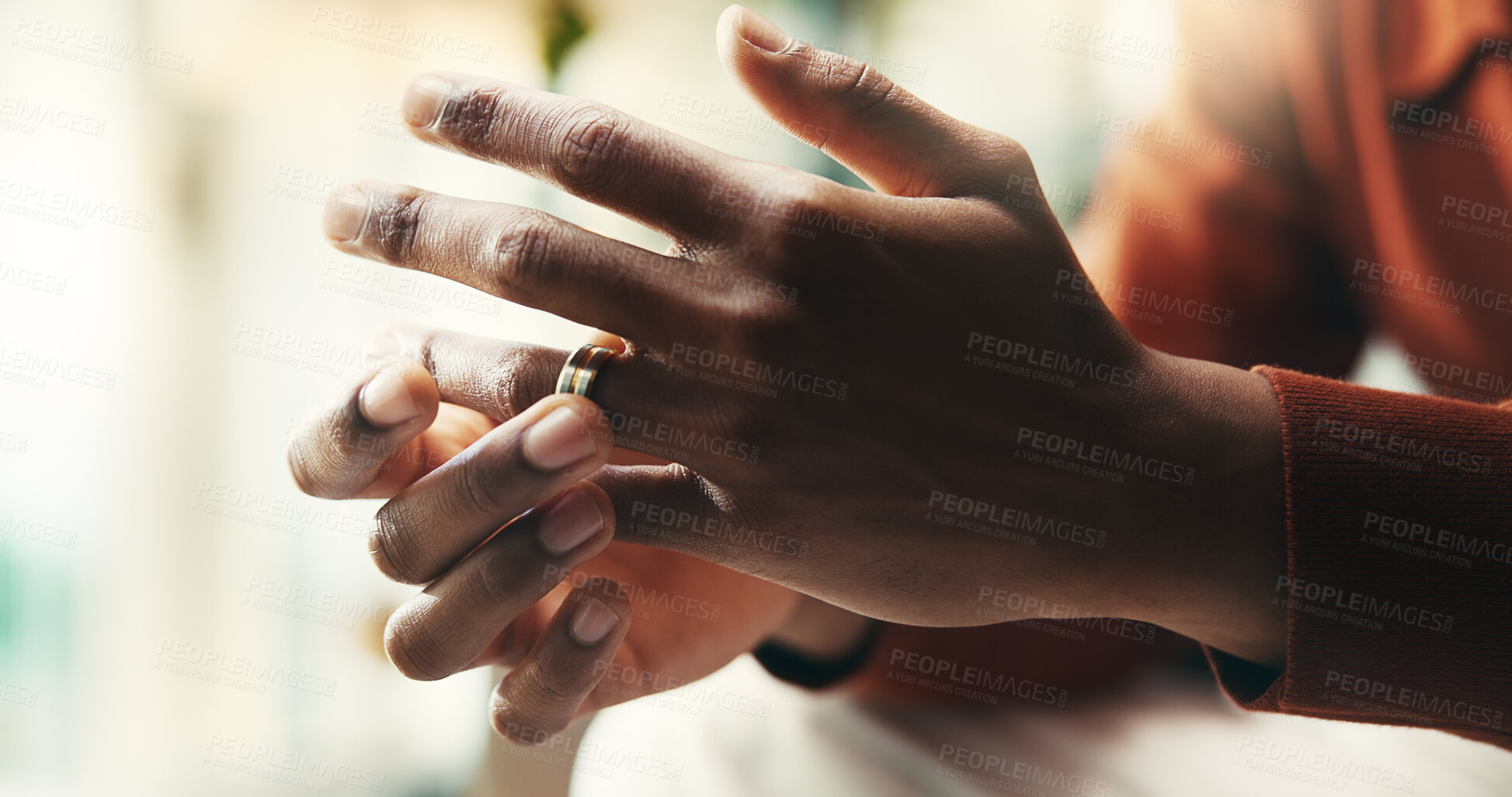 Buy stock photo Hands, man and conflict as divorce, anxiety and stress for mental health, wellness and counselling. Male person, mistake and frustrated in psychology with depression, therapy and wedding ring in home