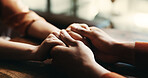 Couple, holding hands and comfort on table at house of compassion, partnership and consoling of depression. People, support and sympathy of relationship crisis, partner empathy and loyalty connection