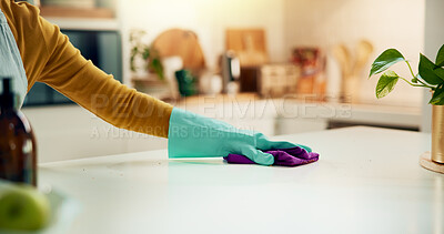 Buy stock photo Cloth, cleaner and person with soap, service and detergent for daily chores, gloves or safety. Kitchen counter, spring cleaning and janitor for equipment, sanitary or hygiene for disinfectant in home