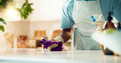 Buy stock photo Person, hands and cloth in home for cleaning, housekeeping and bacteria prevention. Cleaner, spray bottle or fabric at kitchen counter for surface protection, service or hospitality with disinfectant