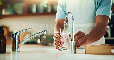 Buy stock photo Person, tap and hands with glass of water in kitchen for fresh drink, liquid and hydration. Sink closeup, thirsty or pouring pure beverage in container for nutrition, drinking or filtration in home