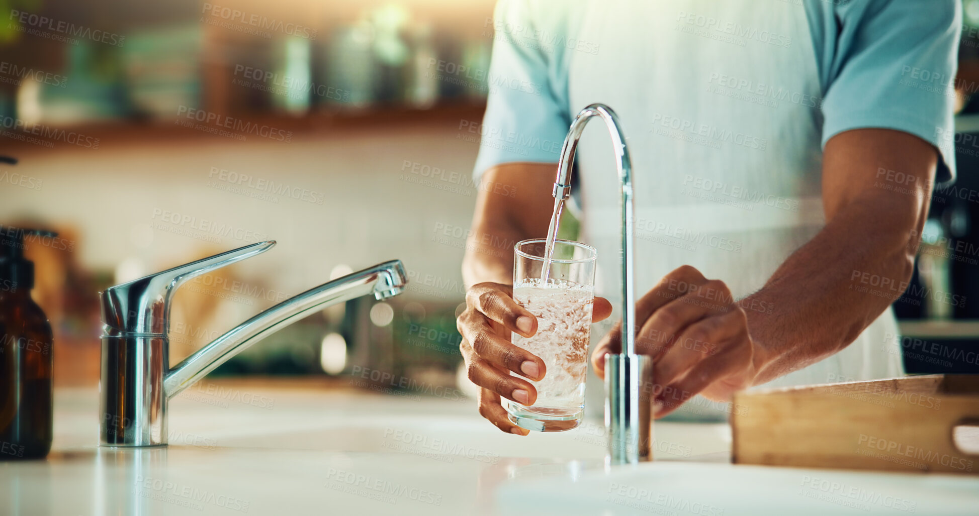 Buy stock photo Person, tap and hands with glass of water in kitchen for fresh drink, liquid and hydration. Sink closeup, thirsty or pouring pure beverage in container for nutrition, drinking or filtration in home