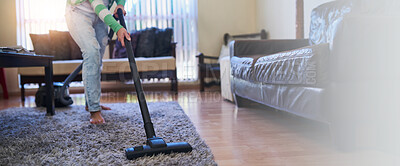 Buy stock photo Vacuum, cleaning and floor with woman in living room for housekeeping, hygiene and dust. Dirt, cleaner and carpet with closeup of person at home for furniture, germ prevention and safety banner