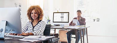 Buy stock photo People, smile or computer in office for graphic design, email or creativity in banner. Happy woman, portrait or tech screen in coworking space for website development, planning or schedule in company