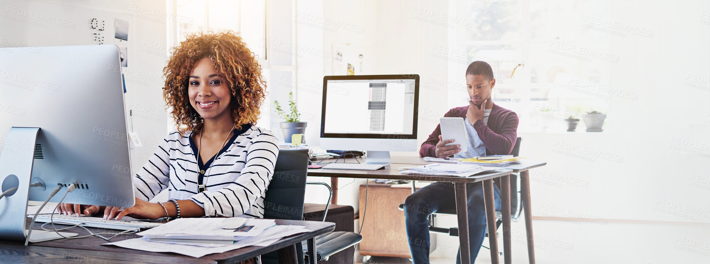 Buy stock photo People, smile or computer in office for graphic design, email or creativity in banner. Happy woman, portrait or tech screen in coworking space for website development, planning or schedule in company