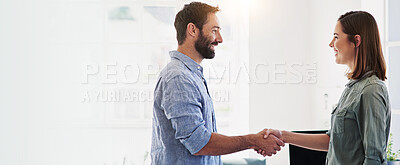 Buy stock photo Banner, handshake and happy people in startup for hiring, thank you and welcome support in meeting. Mockup, space or designers for agreement on business deal, recruitment opportunity and teamwork