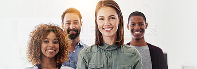 Buy stock photo Banner, happy and portrait of business people in office for about us, confidence and company pride. Creative startup, professional and face of men and women for career, teamwork and collaboration