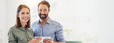Buy stock photo Happy, tablet and portrait of business people in office with banner mockup space for career. Smile, digital technology and team of financial advisors with online company investment revenue report.