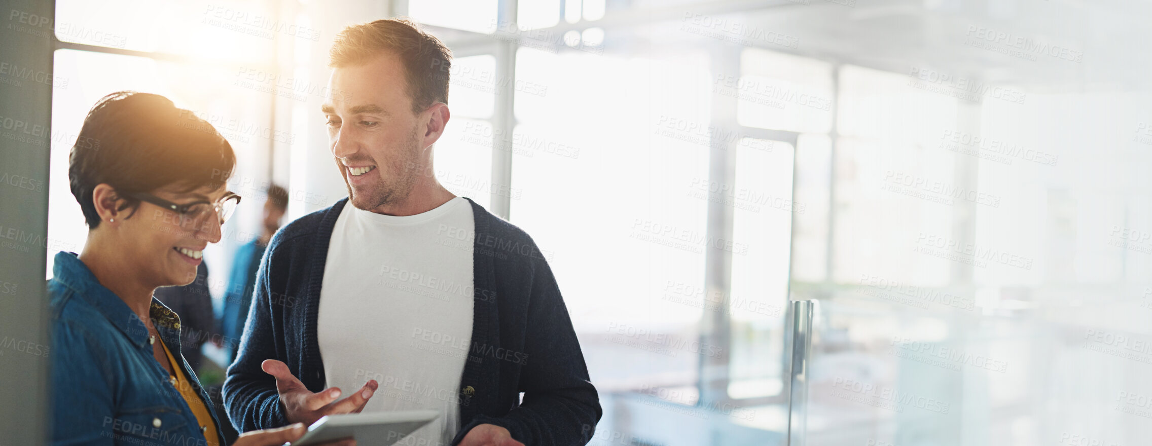 Buy stock photo Banner, tablet and happy business people in meeting for research project, online website and discussion. Mockup space, corporate office and workers on digital tech for planning, teamwork and report