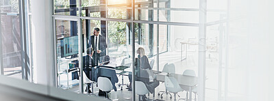 Buy stock photo Presentation, above and planning with business people in office for corporate strategy, meeting or workshop. Conference, banner and speaker with employee in agency for training, project or discussion