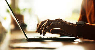 Buy stock photo Research, typing and laptop with hands of person in home office for remote work, networking and email. Newsletter, online and copywriting with closeup of freelancer in apartment for writer and blog