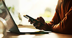 Remote work, phone and laptop with hands of person in home office for research, networking and email. Newsletter, online and communication with closeup of freelancer in apartment for writer and blog
