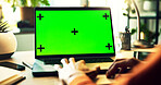 Business person, hands and laptop with green screen for online advertising, journalism or software app at home office. Closeup, journalist or computer with chromakey, mockup space or tracking markers