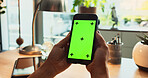 Phone, green screen and hands of person in home with tracking marker, ux design and web search. Smartphone, connection and freelancer with mobile app for communication, networking or online space