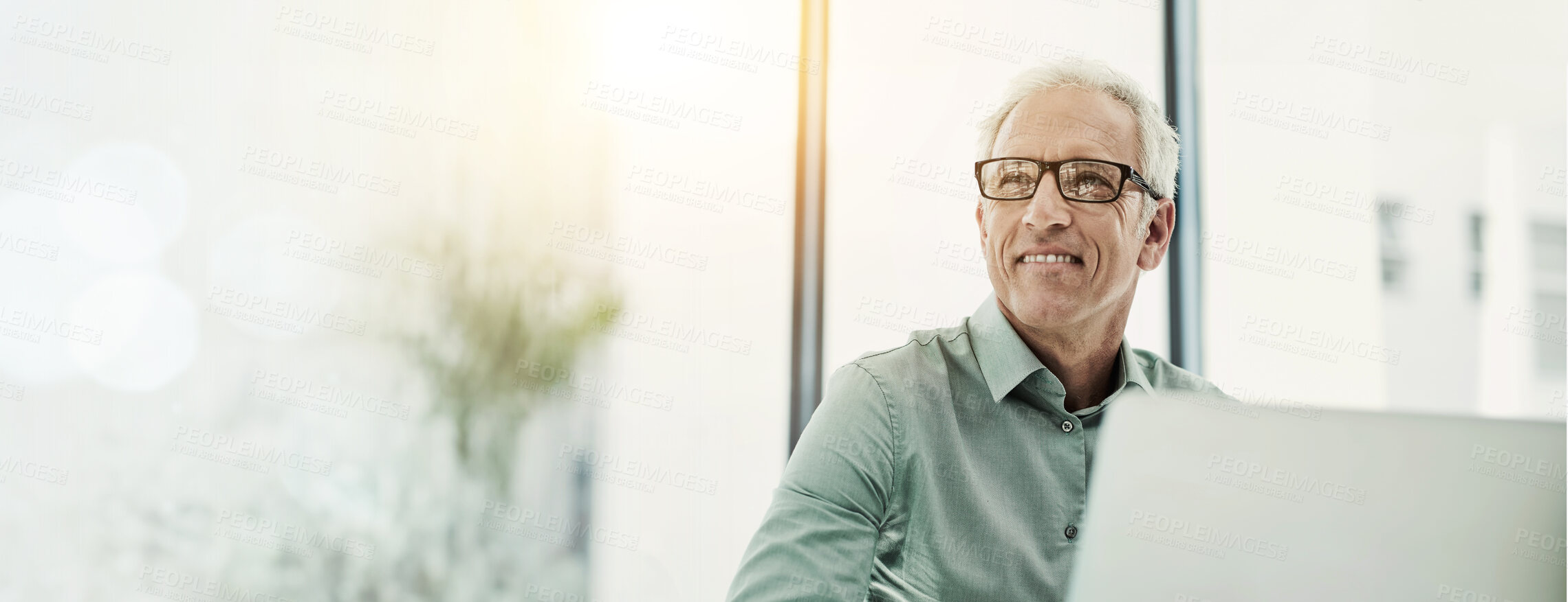 Buy stock photo Thinking, corporate and man with glasses in office for planning schedule, proposal ideas and feedback. Contemplation, male person and computer for project solution, banner and bokeh of administration