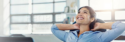 Buy stock photo Happy, rest and business woman in office thinking, daydreaming and relax on break at desk. Banner, corporate worker and person with satisfaction done for project, working and finish in workplace