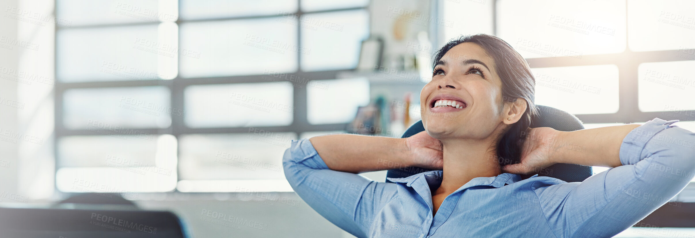 Buy stock photo Happy, rest and business woman in office thinking, daydreaming and relax on break at desk. Banner, corporate worker and person with satisfaction done for project, working and finish in workplace