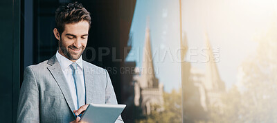 Buy stock photo Planning, smile and tablet with business man at window of office in Amsterdam for online research. App, banner and city with happy corporate employee on mockup space in Netherlands for strategy