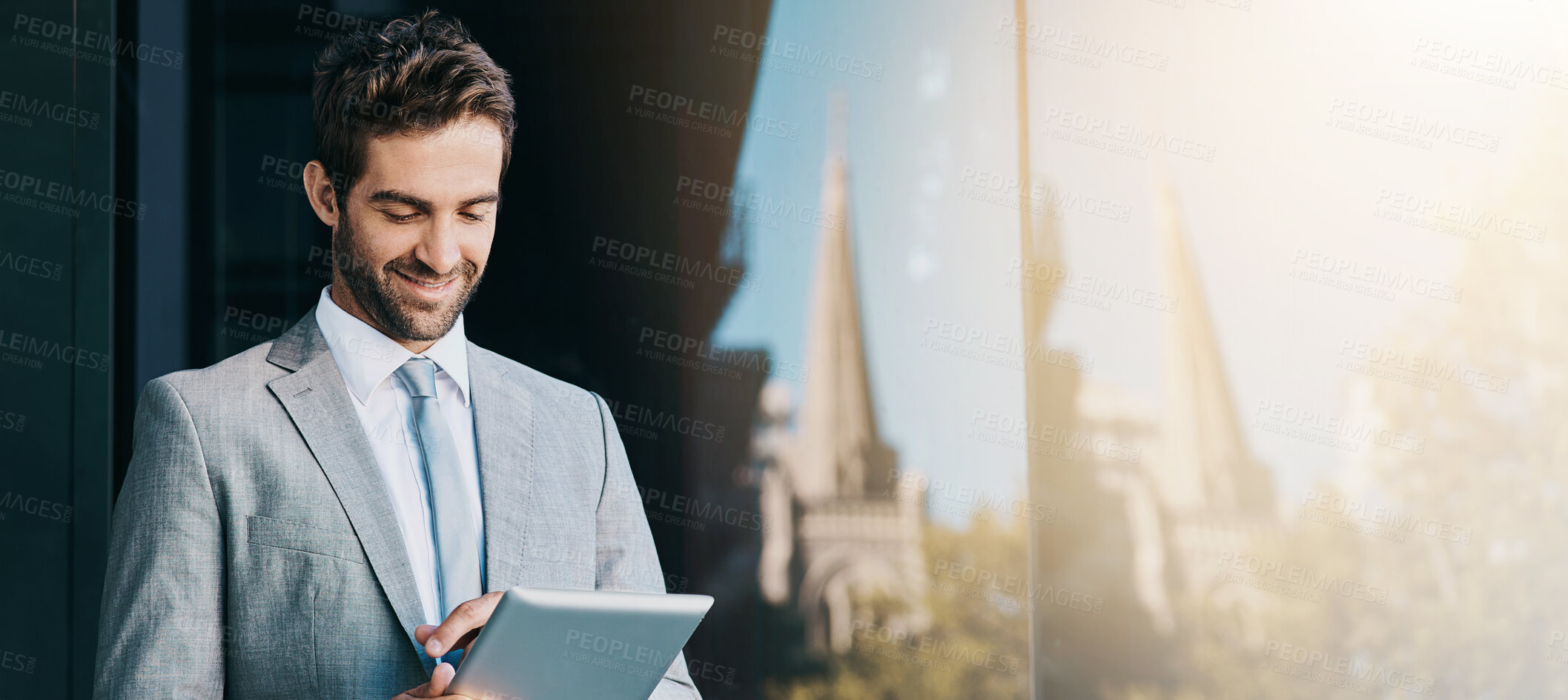 Buy stock photo Planning, smile and tablet with business man at window of office in Amsterdam for online research. App, banner and city with happy corporate employee on mockup space in Netherlands for strategy