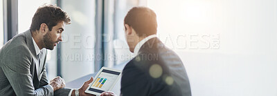 Buy stock photo Data analysis, advice and men in office with tablet, banner space and planning for sales growth. Charts, graphs and business people with digital app for stats, discussion and online report on mock up