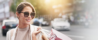 Buy stock photo Woman, shopping bag and thinking for fashion in city, traffic and smile for discount in street. Person, banner and summer with sunglasses, sale and retail deal with waiting for taxi on road in France