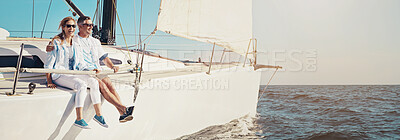 Buy stock photo Travel, sailing and couple on boat in ocean for cruise on holiday, vacation and journey. Happy, banner space and man and woman on yacht, luxury transport and ship for adventure, tourism and explore
