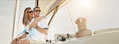 Buy stock photo Happy, sailing and couple hug on boat in ocean for cruise on holiday, vacation and journey. Travel, banner and man and woman on yacht, luxury transport and ship for adventure, tourism and explore