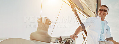 Buy stock photo Travel, sailing and happy man on boat on sea for sunset cruise for holiday, vacation and journey. Ocean, banner and person on yacht, luxury transport and ship for adventure, tourism and explore