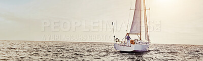Buy stock photo Sailing, people and couple steer yacht at sea for tropical adventure, support and sightseeing nature with sunset view. Mockup space, banner and bonding together on vacation, ocean ride or leisure fun