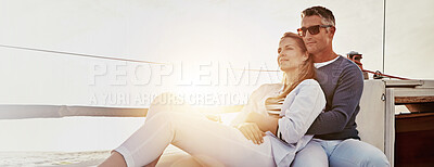 Buy stock photo Hug, romance and holiday with mature couple on yacht together with celebration, anniversary and luxury cruise. Summer, banner and love with man and woman on sailboat for vacation, travel or trip
