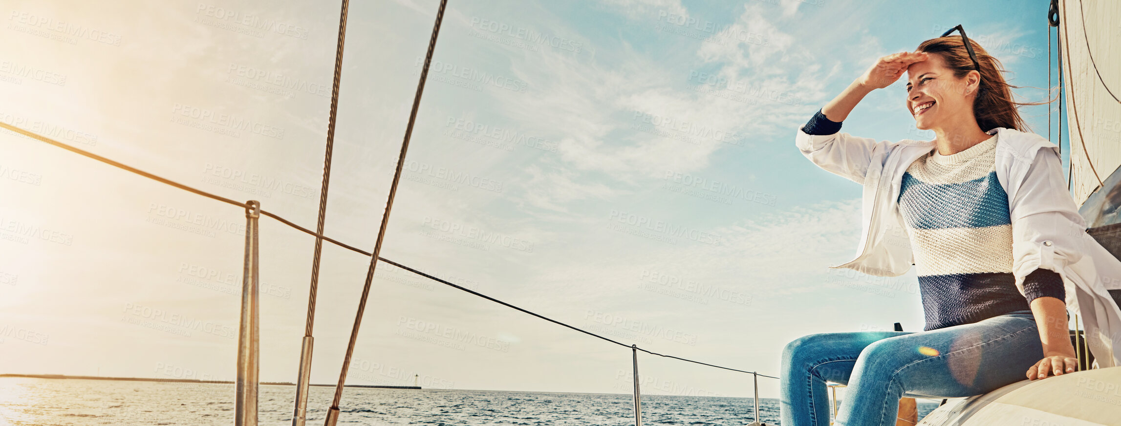 Buy stock photo Sea, banner and happy woman on yacht for travel, vacation or holiday with summer adventure in Greece. Smile, thinking and female tourist on boat in ocean to relax for tropical trip, view or journey