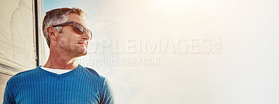 Buy stock photo Sea, banner and mature man on boat for travel, vacation or holiday with mockup or adventure in Greece. Inspiration, thinking and tourist on yacht in ocean to relax for sailing trip, view and space