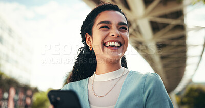 Buy stock photo Happy, phone and student with woman in city for scholarship, networking app and future. Smile, college application and opportunity with person in outdoor of Brazil for email, online and university