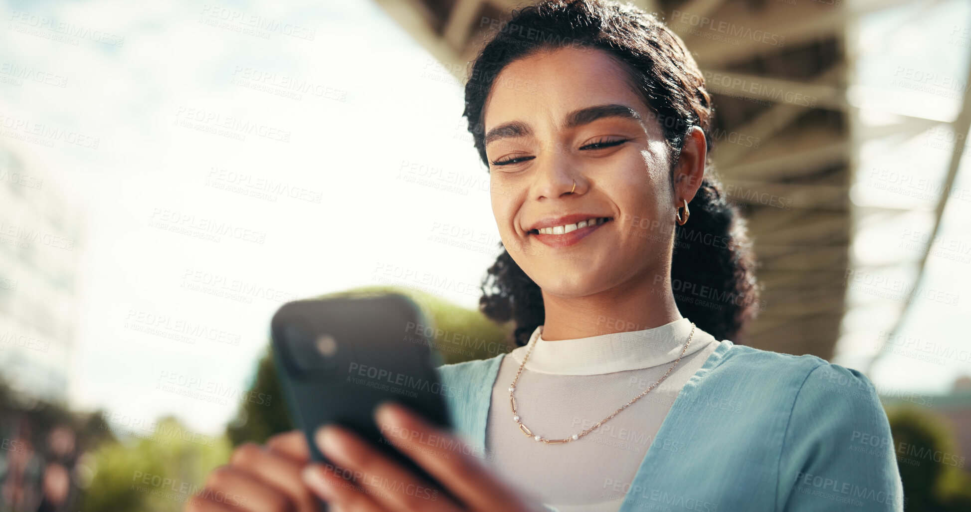 Buy stock photo Woman, mobile and happy in city for business, connectivity or latest economy news. Trader, phone or smile in urban Brazil with ecommerce app, cryptocurrency information or software for online banking