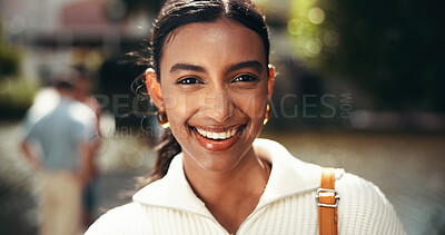 Buy stock photo Portrait, campus and education for woman, smile and student with scholarship, college and confident. Outdoor, proud and Indian person with knowledge, university and happy for opportunity in Mumbai