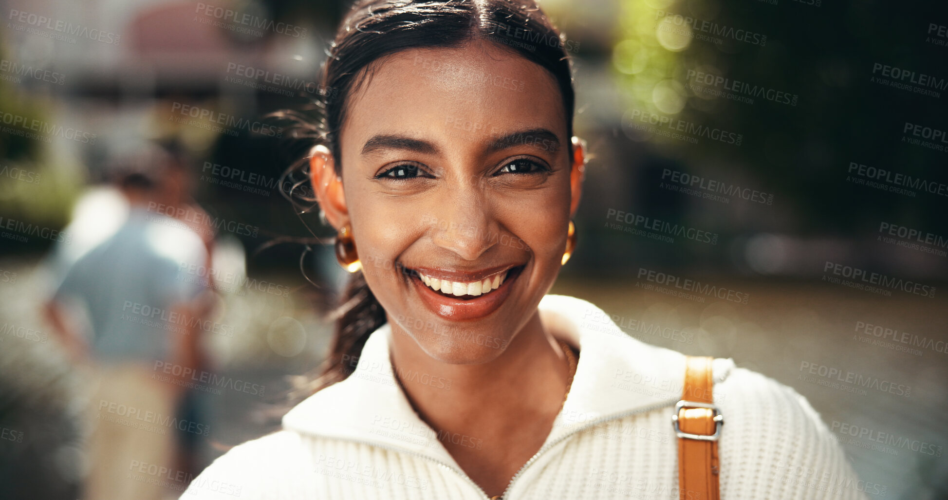 Buy stock photo Portrait, campus and education for woman, smile and student with scholarship, college and confident. Outdoor, proud and Indian person with knowledge, university and happy for opportunity in Mumbai