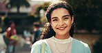 Thinking, university and education for woman, smile and student with scholarship, confident and outdoor. Campus, proud and person with knowledge, daydreaming and happy for opportunity at college